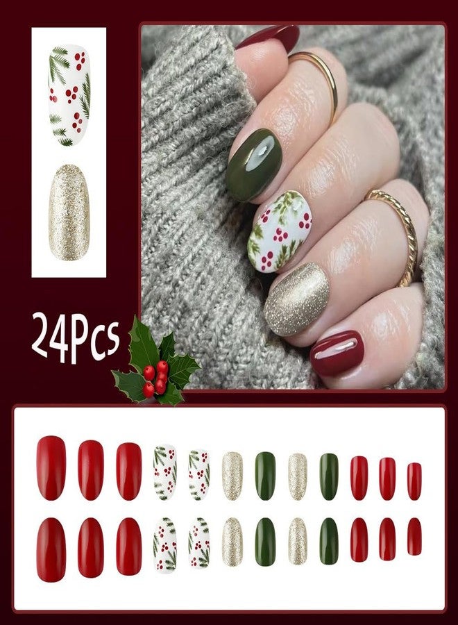 HJKDSFD Winter Press on Nails Short Christmas Fake Nails Red Green Oval Glue on Christmas Fruit False With Glitter Designs Glossy Acrylic Xmas Cute Glue Stick for Women 24Pcs - Image 2